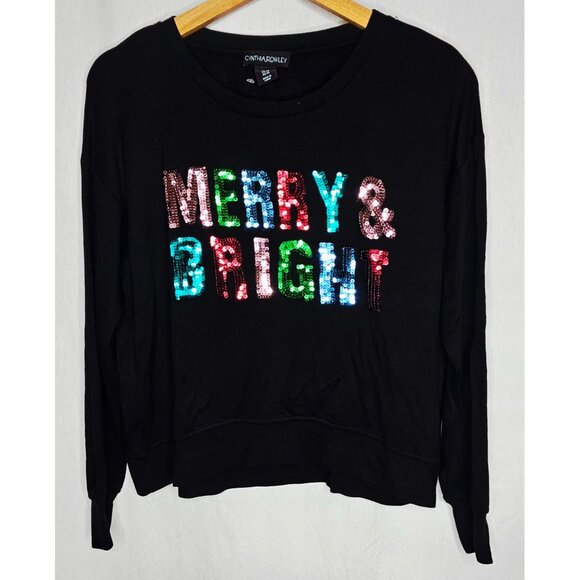 Cynthia Rowley Womens Black Long Sleeve Top With Colorful Sequin "Merry & Bright - Picture 1 of 7